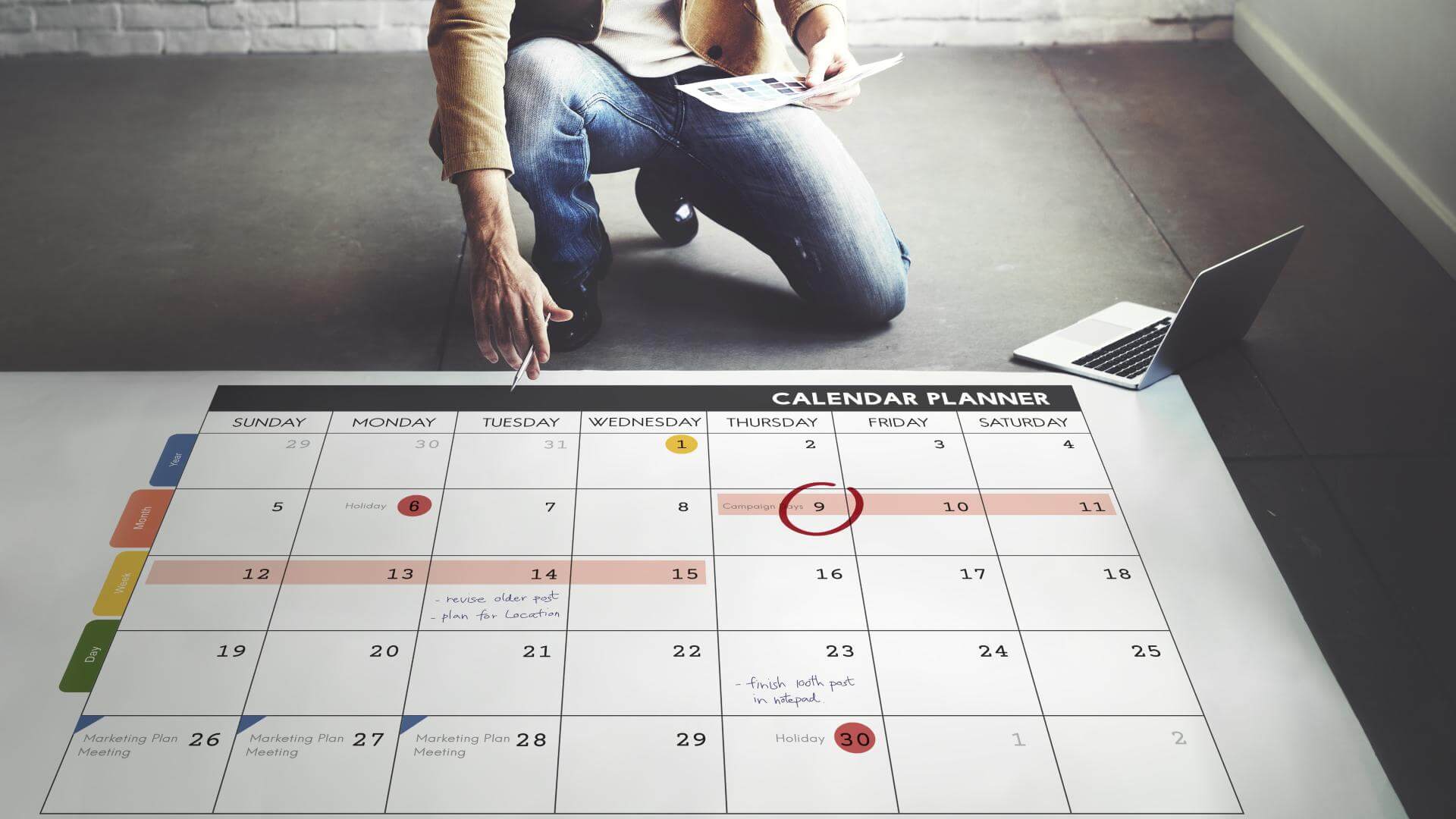Large calendar on office floor planning ahead